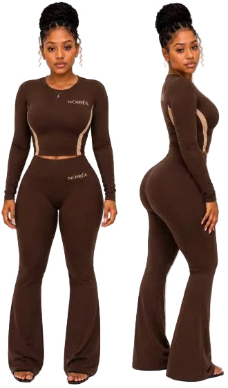 NOIRÉA two-piece set in chocolate brown - cropped top and flared pants