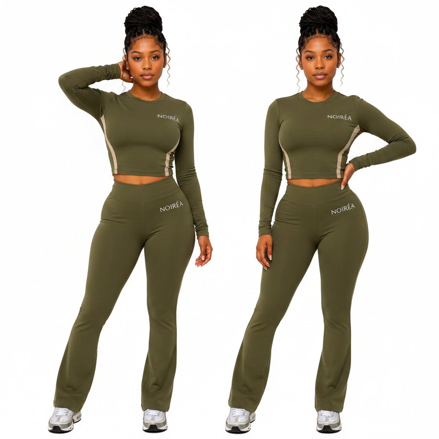 NOIRÉA two-piece set in olive green - cropped top and flared pants